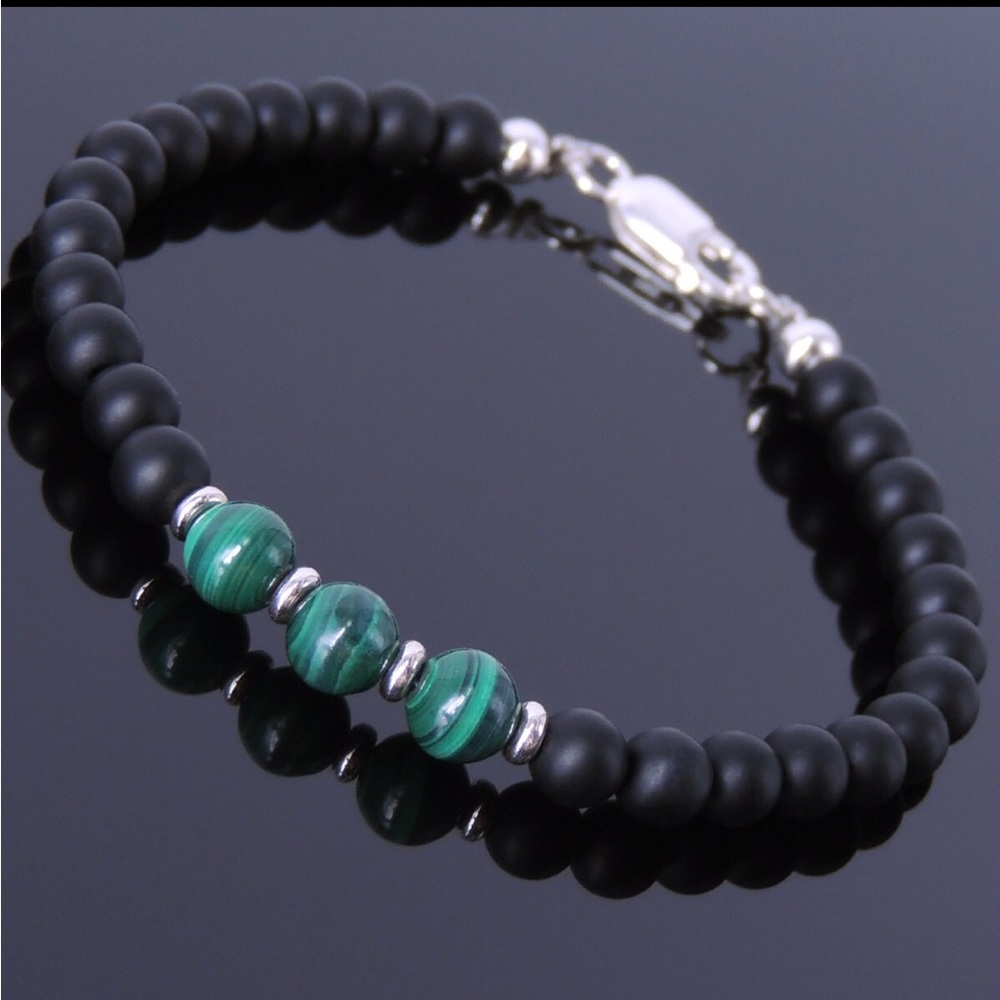 Malachite and Matte Onyx Bracelet Beaded Sterling Silver clasp
